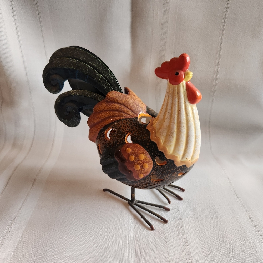 Decorative Ceramic and Metal Rooster Tea Light Candle Holder